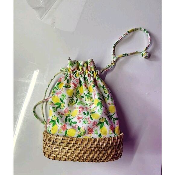 C&C California Rattan Wicker Lemon Printed Canvas Bucket Bag Handbag New - Picture 5 of 16
